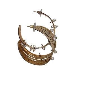 Gold Tone Hammered Multi Strand Hoop Earrings Faux Pearl Beaded Statement 2”